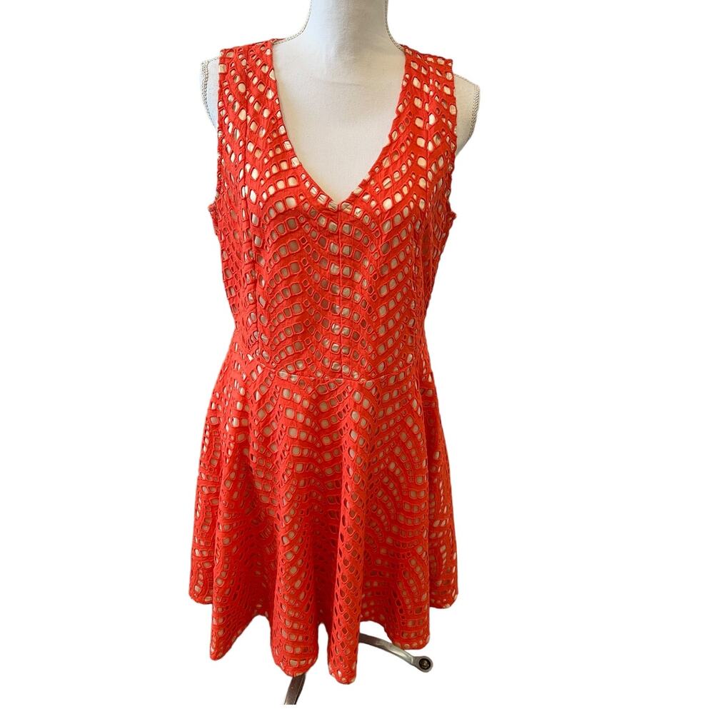 JB Julie Brown Eyelet Fit & Flare Sleeveless Dress Coral 12